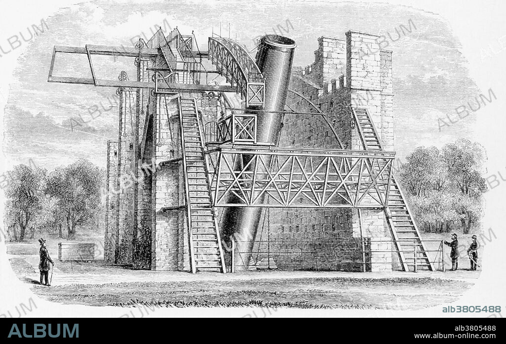 A 72-inch reflecting telescope belonging to William Parsons, Third Earl of Rosse, at Birr Castle, Parsonstown, Ireland. Lord Rosse (1800-1867) was a British astronomer who had several telescopes built. This one, dubbed "Leviathan," was completed in 1845 and was the world's largest telescope until the early 20th century.
