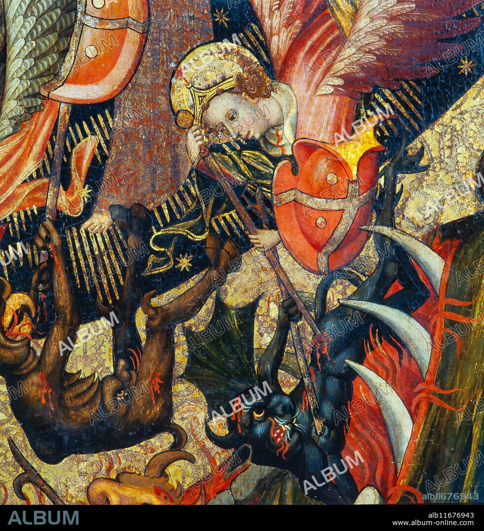JAUME CIRERA. Retablo de San Miguel y San Pedro, 1432-1433. Detalle con la representación de la Batalla final entre ángeles y demonios según el Libro de Apocalipsis. Retablo procedente del altar mayor de la iglesia de Sant Miquel de La Seu d'Urgell. Museu Nacional d'Art de Catalunya.