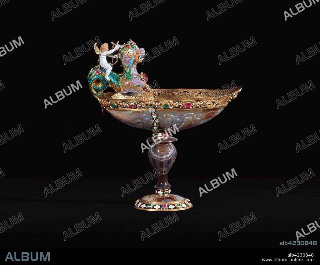 Roman Sculptor; Pierre Delabarre / 'Boat-shaped agate cup with Cupid on a dragon'. After 1625. Agate, Diamond, Enamel, Emerald, Gold, Ruby.