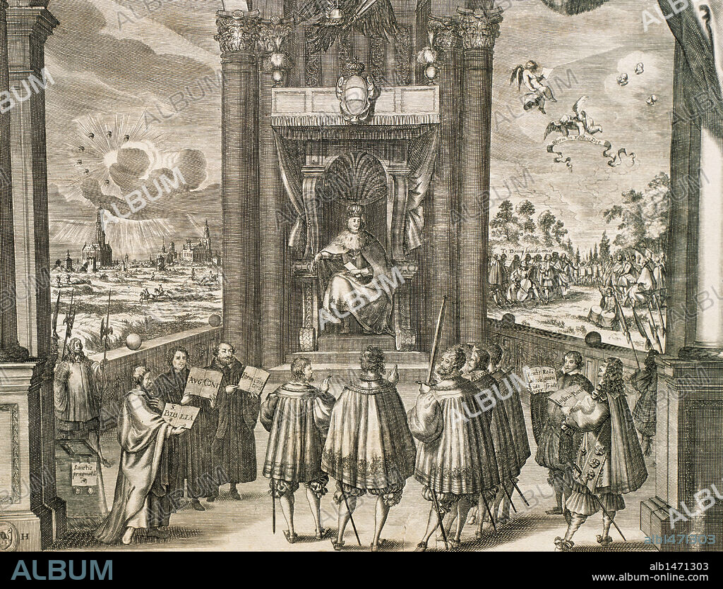 PAZ DE AUGSBURGO (25 de septiembre de 1555). Firmada por Carlos V (1500-1558) y las fuerzas de la Liga Esmalcalda, durante la Dieta de Augsburgo presidida por Fernando I (1503-1564). El acuerdo dividía el Imperio de Carlos V en dos religiones, protestante y católica. Biblia alemana del siglo XVII.