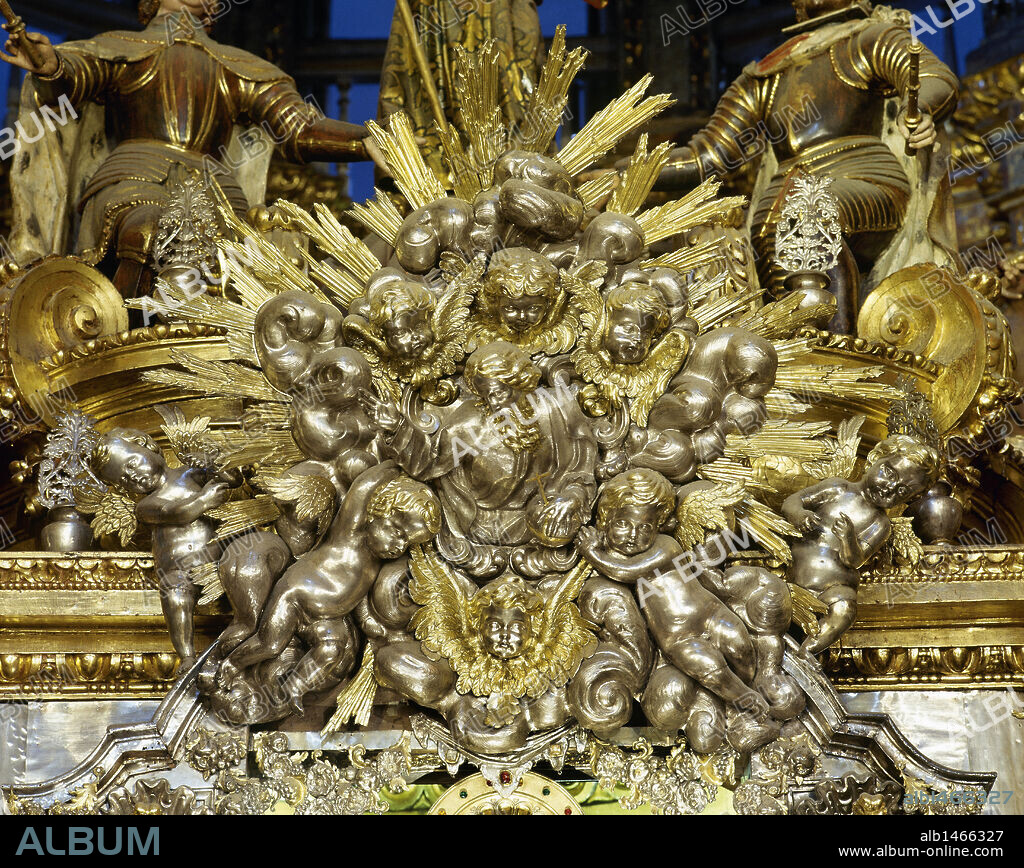 Cathedral of Santiago. Detail of a sculptural relief in silver by Juan de Figueroa and Juan Pose. Located on the altar of the Main Chapel, above the figure of the apostle. Santiago de Compostela. Province of A Coruña. Galicia. Spain.