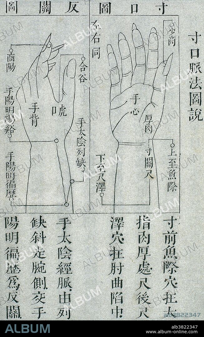 Cunkou pulse palpation, woodcut illustration from 1817 edition of Bian Que maishu nan jing (Canon of Problems in Bian Que's Book of the Pulse) by Xiong Qinghu (Qing period). Cunkou pulse chart: The chart shows the site for pulse diagnosis according to the cunkou wrist pulse - at the cun (inch), guan (Pass) and chi (Foot), extending upwards to the yuji (Fish Border) point and downwards to the chize (Foot Marsh) point. The yuji point is located on the fleshy part of the thumb, and the chize point is located in the crook of the elbow. Fanguang (dorsally located) pulse chart: The location of this pulse is an anatomical anomaly. Because the radial artery extends around the back of the wrist, a pulse corresponding to the cunkou can be palpated dorsally. The image shows the path of the shou taiyin channel, running diagonally from lieque (Break in the Sequence) to the side of the wrist and intersecting dorsally with shou yangming at the pianli (Veering Passage) point.