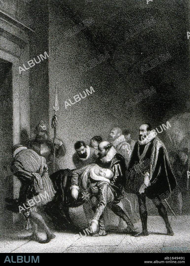 Henry IV,King of France and Navarre (1553-1610) First Bourbon monarch,son of Jeanne d'Albret and husband of Marie de Medici. Assassinated by Roman Catholic fanatic Ravaillac.,Henry's body being carried into the Louvre. 19th century lithograph.