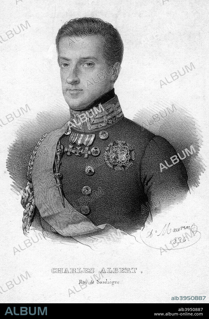 Charles Albert of Sardinia, King of Sardinia, 1836. Carlo Alberto (1798-1849) was the King of Sardinia from 1831 to 1849 when he abdicated after his forces were defeated by the Austrian army at the Battle of Novara. He died in exile.