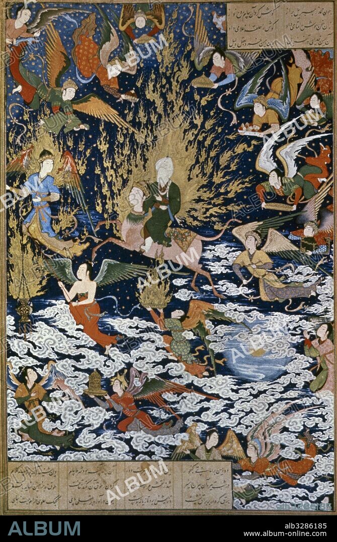 MAHOMA, Muhammad b'Abd Allah, llamado (La Meca, 570 a 580-Medina, 632). Fundador del Islam. ASCENSION DEL PROFETA MAHOMA A LOS CIELOS, SOBRE UN MULO, GUIADO POR EL ARCANGEL GABRIEL. Miniatura extraída del "Nizami Khamsa" (1539). Museo de Arte Turco e Islámico. Estambul. Turquía.
