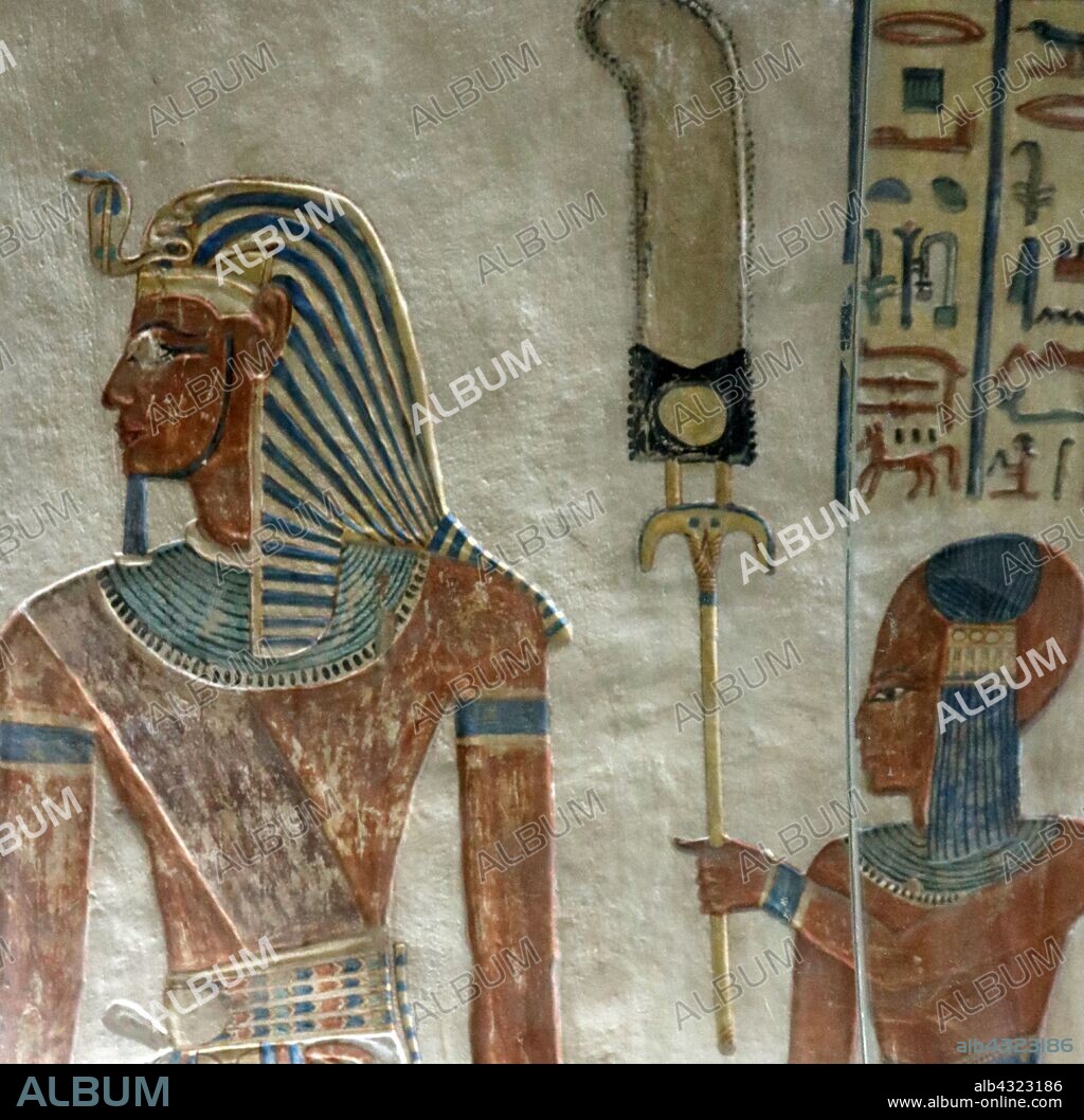 Wall painting depicting Rameses II (right) with his son, Amun-her-khepeshef, Tomb of Amun-her-khepeshef, Valley of the Kings, Luxor, Egypt. Amun-her-khepeshef (Amonhirkhopshef, Amun-her-wenemef, Amun-her-khepeshef), the firstborn son of Pharaoh Ramesses II and Queen Nefertari. Amun-her-khepeshef was the crown prince of Egypt for the first 25 years of Ramesses II's reign but eventually predeceased his father in 1263 BC. Amun-her-khepeshef, as heir to the throne, held several titles. he and his younger half-brother Khaemwaset fought in the Battle of Kadesh and the campaigns in Nubia. He is known to have had a wife named Nefertari.