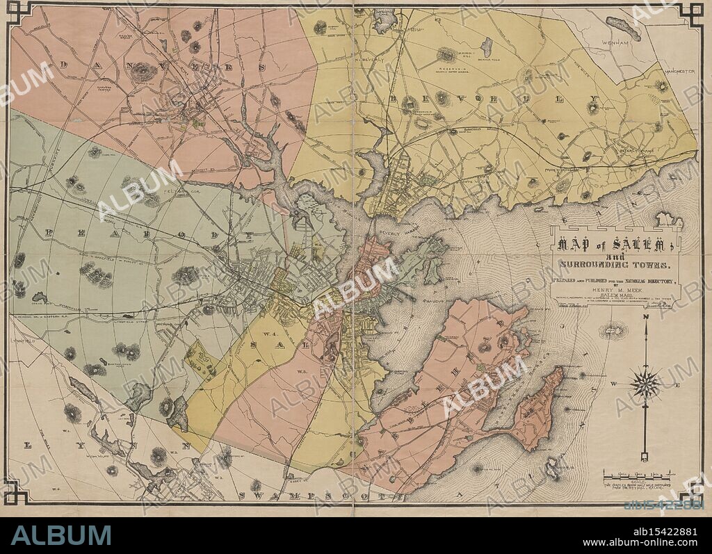 Map of Salem and surrounding towns, 1884, Date Issued: 1884, Place: Salem, Mass., Publisher: Henry M. Meek, Salem (Mass.), Essex County (Mass.), Massachusetts, Essex County, Massachusetts, Salem, Extent: 1 map: hand colored, 75 x 105 cm, on sheet 81 x 111 cm, Village streets unwind, Red brick paths to distant seas, Salem's secret lies.