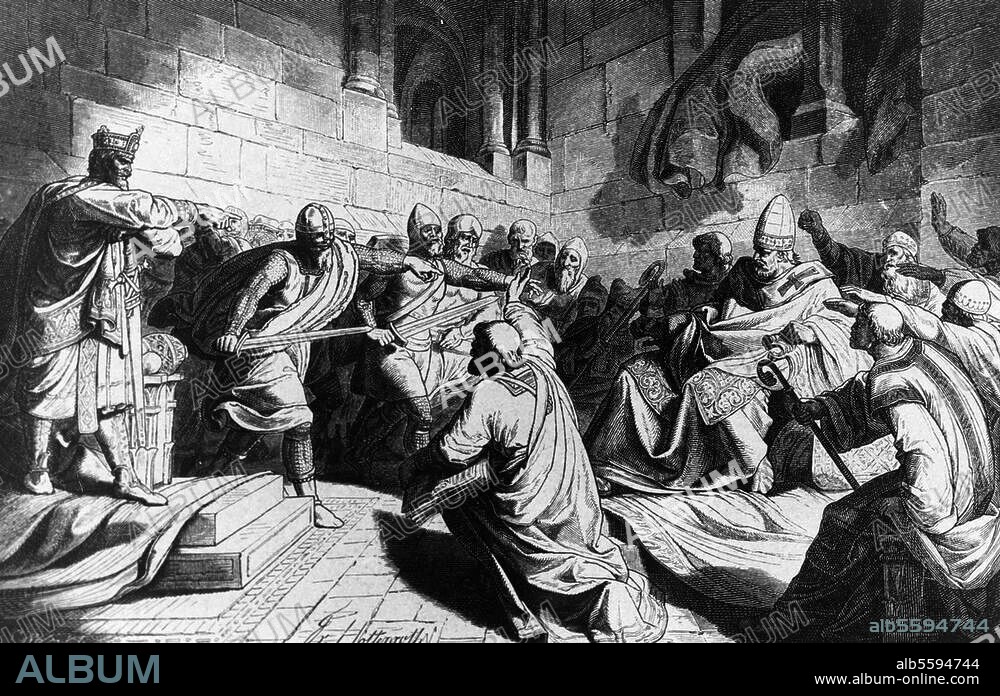 Heinrich V.; röm.-dt. Kaiser (1106-25). 1086-1125. "Die Gefangennehmung des Papstes Paschalis II. durch Heinrich V." (Investiturstreit; Rom, 12. Febr. 1111). Holzstich von Friedrich Hottenroth (geb. 1840). Aus: W.Zimmermann, Geschichte des dt. Volkes, Stuttgart 1875/77. Berlin, Sammlung Archiv für Kunst und Geschichte.