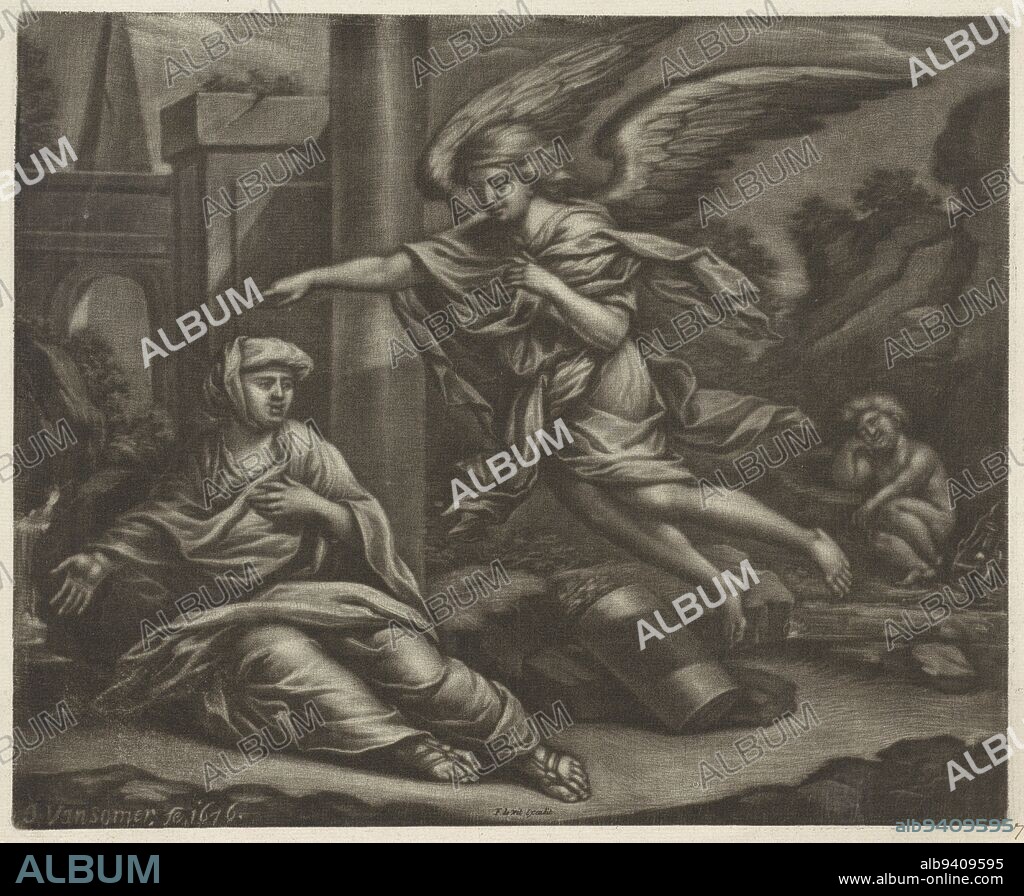 Hagar and Ishmael are sent away to the desert by Abraham. When they run out of water, Hagar lays her son Ishmael under a bush to die. An angel appears and points out a spring to her, so both are saved., Hagar and Ishmael in the Desert, print maker: Jan van Somer, publisher: Frederik de Wit, (mentioned on object), 1676, paper, h 218 mm × w 268 mm.