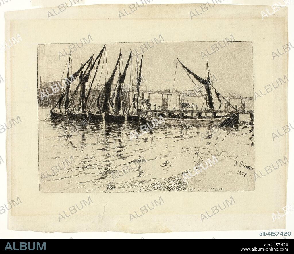 Coal Barges Unloading (recto); Sketch of a Building (verso). Walter Greaves; English, 1846-1930. Date: 1872. Dimensions: 214 x 264 mm. Etching and drypoint in black, with touches of pen and black ink (recto) and black chalk (verso), on cream laid paper. Origin: United Kingdom.