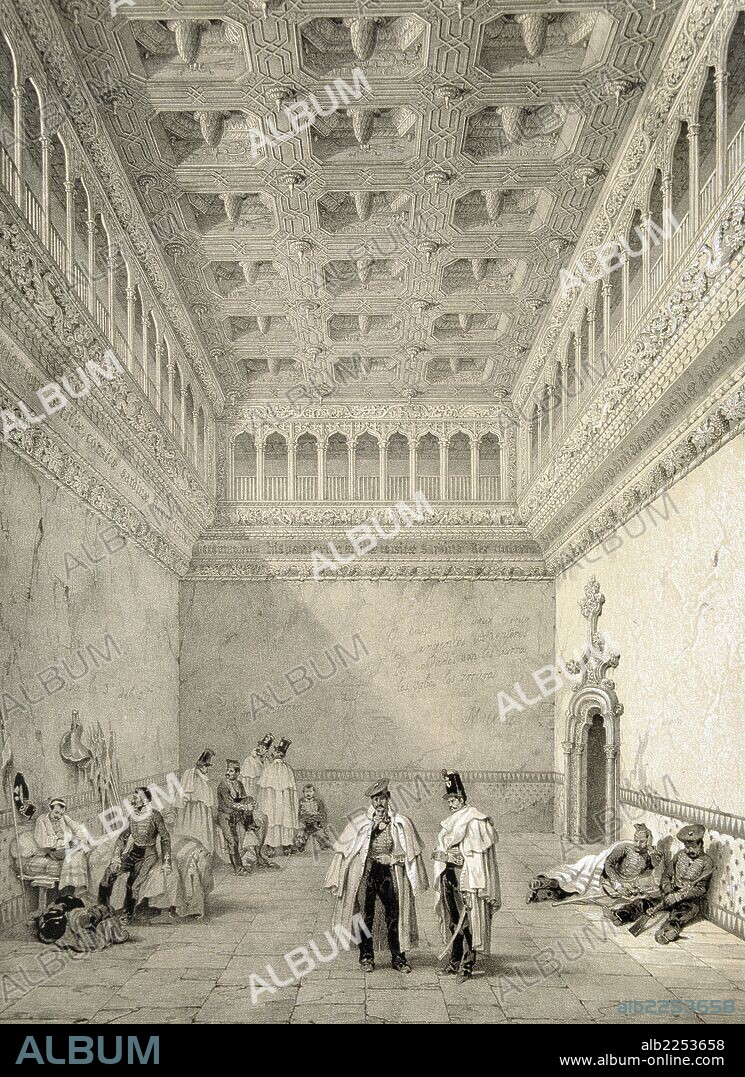 ZARAGOZA. PALACIO DE LA LA ALJAFERIA. SALON DE SANTA ISABEL. DIBUJO DE GENARO PEREZ VILLAAMIL. PARIS 1842 - 1844.