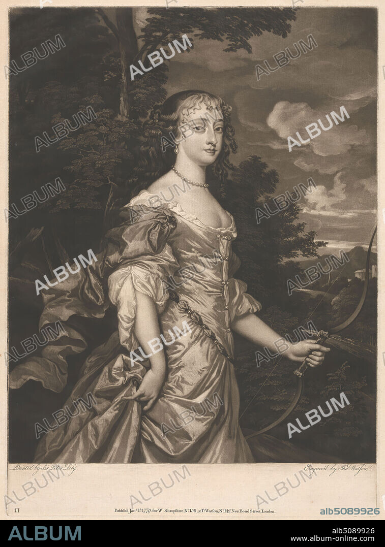 Frances Teresa Stewart, Duchess of Richmond and Lennox, Thomas Watson, 17431781, British, after Sir Peter Lely, 16181680, Dutch, active in England (from 1643), 1779, Engraving on moderately thick, moderately textured, cream, laid paper, Sheet: 19 3/8 × 16 3/4 inches (49.2 × 42.5 cm), Plate: 17 7/8 × 12 15/16 inches (45.4 × 32.9 cm), and Image: 16 × 12 7/8 inches (40.6 × 32.7 cm).