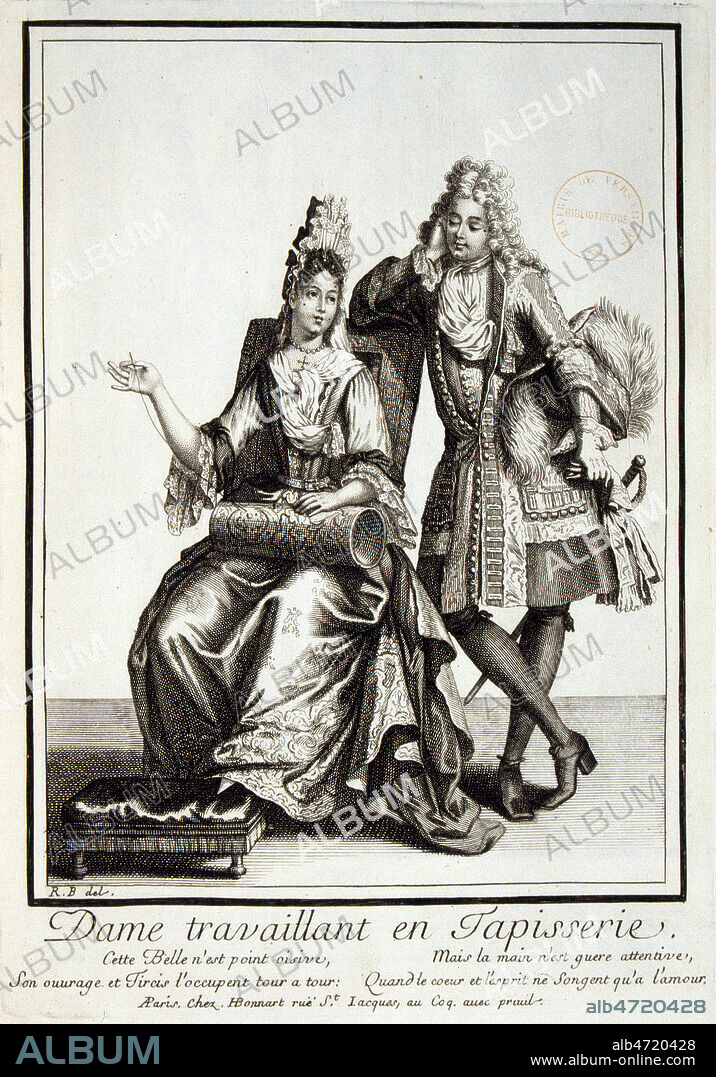 'Dame travaillant en tapisserie' Gravure Anonyme de Paris en 1695 pour 'Recueil de planches gravees. Portraits et costumes de l'epoque de Louis XIV.' par BONNART ( XVIIeme s., 17eme s., 17e s.) Credit : JEAN VIGNE/ KHARBINE TAPABOR.