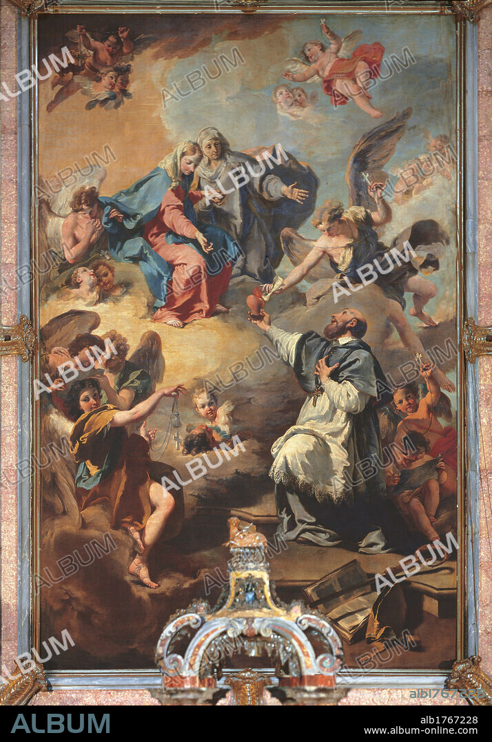 Glory of St Francis of Sales, by Giambattista Pittoni, 1740, 18th Century,. Italy, Lombardy, Milan, Santa Maria della Visitazione Church. All altarpieces canvas painting Glory St Francesco of Sales offering Sacred Heart Madonna The Virgin Mary and St Anne Raised into Heaven clouds angels clouds book Holy Scriptures pastoral staff Cross chalice.