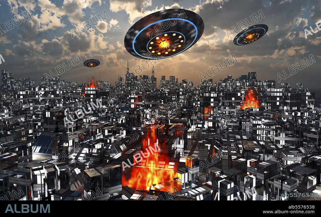 A UFO alien invasion, as flying saucers attack a major Earth city.