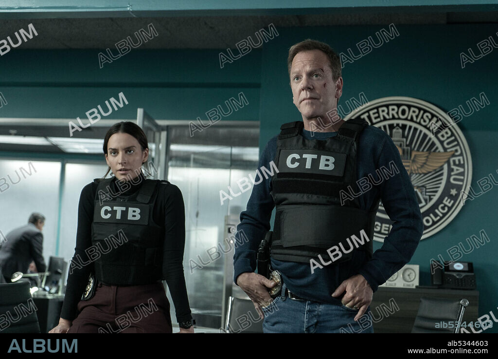 KIEFER SUTHERLAND und NATALIE MARTINEZ in THE FUGITIVE, 2020, unter der Regie von STEPHEN HOPKINS.