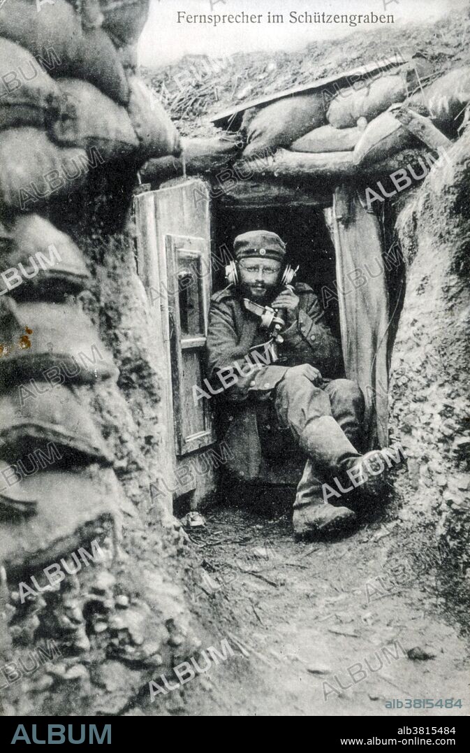 Telephones were used extensively in WWI because radio sets were large, heavy, expensive, in short supply, affected by weather, and could only be used for telegraph codes instead of voice communication. As the distances of guns increased, the telephone was particularly valuable to artillery forces, but the wires laying on the ground where they could be cut ot destroyed were a weakness. On the Western Front, the telephone allowed armies spread over great distances to coordinate unit activity. Carrier pigeons and motorcycle couriers were also used, but the telephone was the fastest. Trench warfare is a form of land warfare using occupied fighting lines consisting largely of trenches, in which troops are significantly protected from the enemy's small arms fire and are substantially sheltered from artillery. The most prominent case of trench warfare is the Western Front in WWI. Both sides constructed elaborate trench and dugout systems opposing each other along a front, protected from assault by barbed wire. The area between opposing trench lines (no man's land) was fully exposed to artillery fire from both sides. Attacks, even if successful, often sustained severe casualties. The common infantry soldier had only a few weapons to use in the trenches: the rifle, bayonet, and hand grenade. No date, location or photographer information given on postcard.