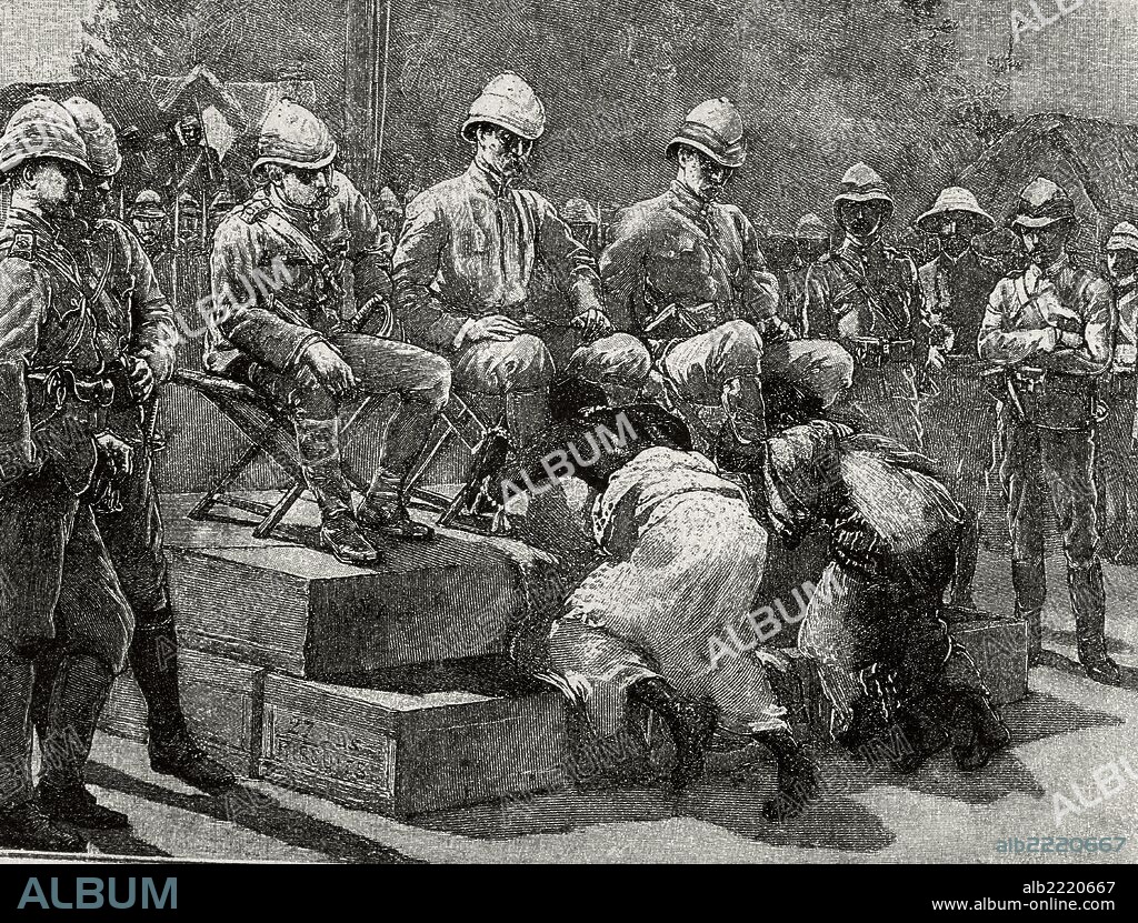 Act of submission of Ashanti king Prempeh and his mother embracing the legs of British representatives, Governor Maxwell, Colonel Kempster and Sir Francis Scott, as a sign of humiliation. Engraving, 1901.