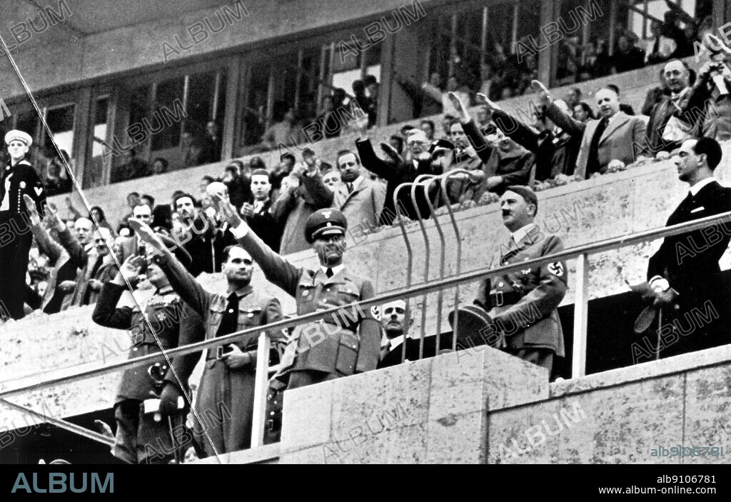 Adolf Hitler at the opening of the Olympic Games Berlin 1936 Left Reich, Minister Fuch, Rudolf Hess and Field Marshal von Blomberg. Right the Crown Prince of Italy.