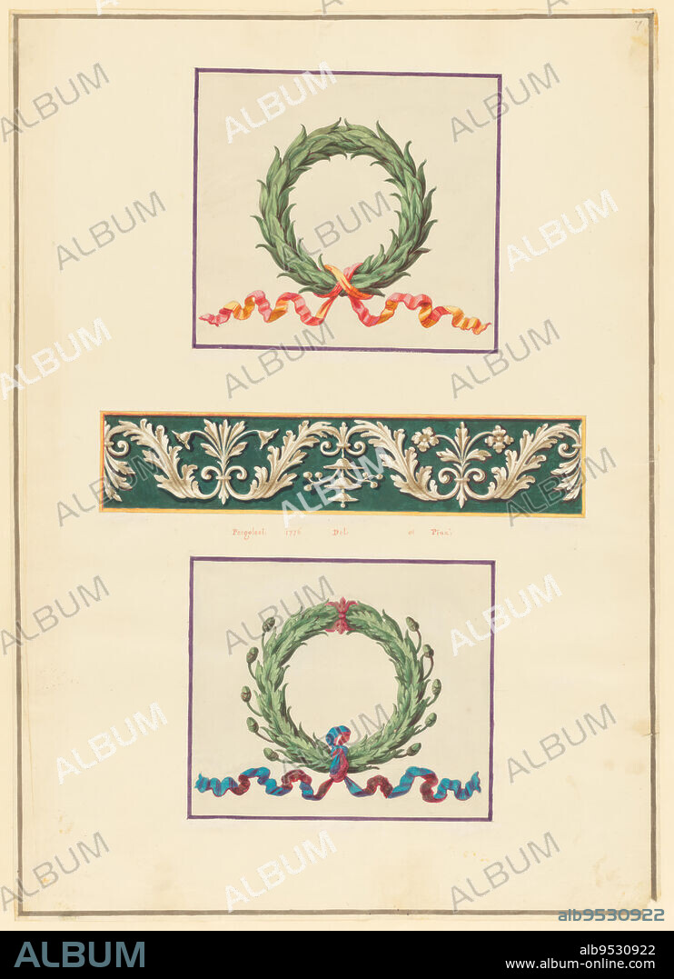 MICHELANGELO PERGOLESI. Ornament Design, Foliate Panel between Roman Triumphal and Civic Crowns. Date: 1776. Pen and ink, brush and watercolor, gouache, over graphite on laid paper.