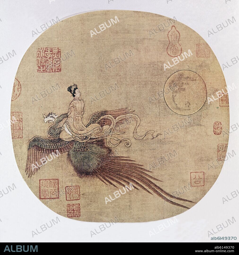 ANONIMO SIGLO XI / XII. DIOSA RAPTADA POR UN ANIMAL FABULOSO - DINASTIA SONG - PINTURA EN TINTA Y COLORES SOBRE SEDA.