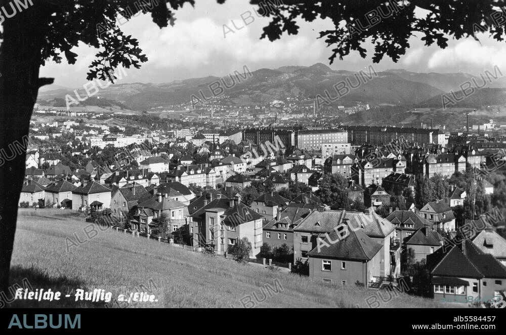 Aussig, tschech. Usti nad Labem (Tschechoslowakei). Panorama von Kleische-Aussig. Fotopostkarte, um 1935.