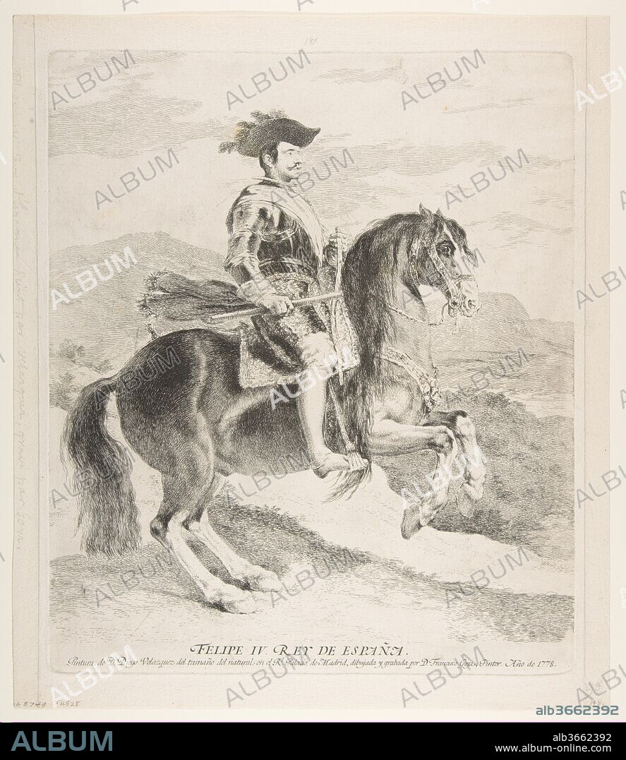 GOYA (FRANCISCO DE GOYA Y LUCIENTES) and PAINTED BY VELÁZQUEZ (DIEGO RODRÍGUEZ DE SILVA Y VELÁZQUEZ). Philip IV on horseback, after Velázquez. Artist: Goya (Francisco de Goya y Lucientes) (Spanish, Fuendetodos 1746-1828 Bordeaux); Painted by Velázquez (Diego Rodríguez de Silva y Velázquez) (Spanish, Seville 1599-1660 Madrid). Dimensions: Plate: 14 1/2 × 12 3/16 in. (36.8 × 31 cm)
Sheet: 16 1/8 × 13 7/8 in. (41 × 35.3 cm). Sitter: portrait of Philip IV (Felipe IV), King of Spain (Spanish, Valladolid 1605-1665 Madrid). Date: 1778.