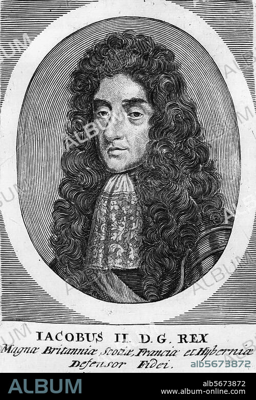 Jakob II., König von England (1685-88). als Jakob VII. König von Schottland; 2. Sohn Karls I.; London 14.10.1633 - Saint-Germain-en-Laye 16.9.1701. Porträt. Kupferstich. Aus: Theatrum Europaeum, 13. Teil, Frankfurt a. M. (Matthäus Merian / Erben), 1698.