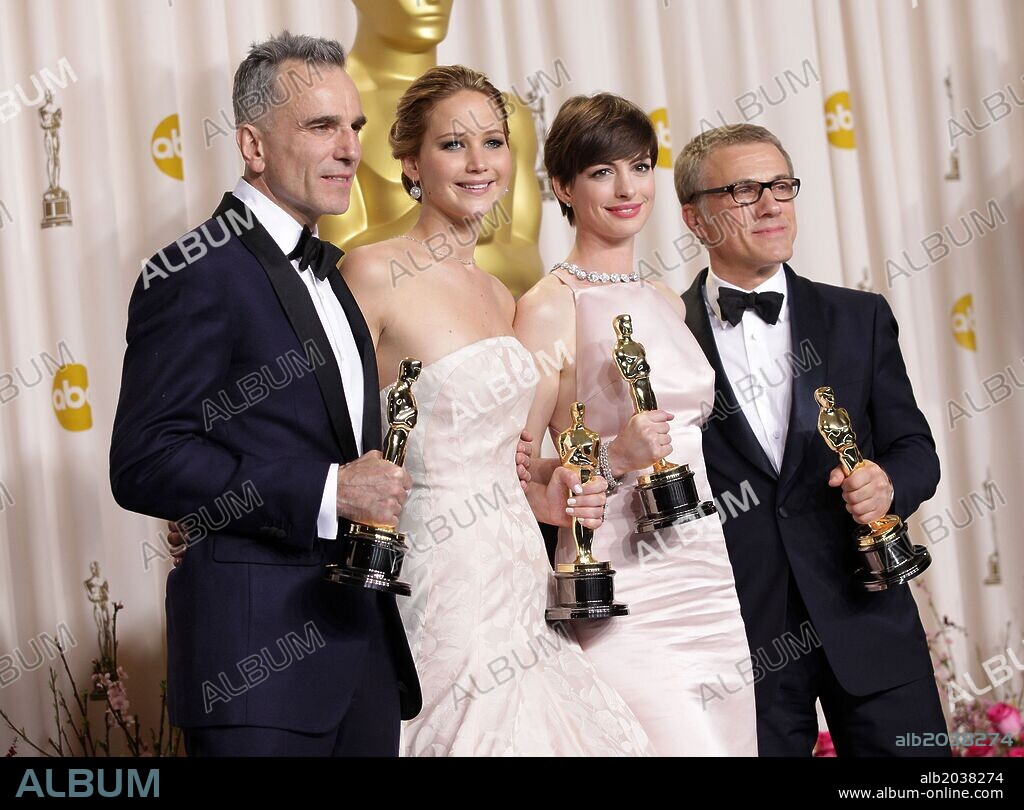 DANIEL DAY-LEWIS, ANNE HATHAWAY, JENNIFER LAWRENCE and CHRISTOPH WALTZ. Feb. 24, 2013 - Hollywood, California, U.S. - Daniel Day Lewis, Jennifer Lawrence, Anne Hathaway & Christoph Waltz in the press room at the 85th Annual Academy Awards Dolby Theatre. 24/02/2013