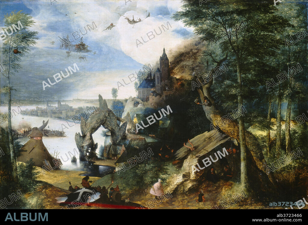 FOLLOWER OF PIETER BRUEGEL THE ELDER. The Temptation of Saint Anthony. Dated: c. 1550/1575. Dimensions: overall: 58.5 x 85.7 cm (23 1/16 x 33 3/4 in.)  framed: 77.8 x 104.8 x 7.6 cm (30 5/8 x 41 1/4 x 3 in.). Medium: oil on panel.