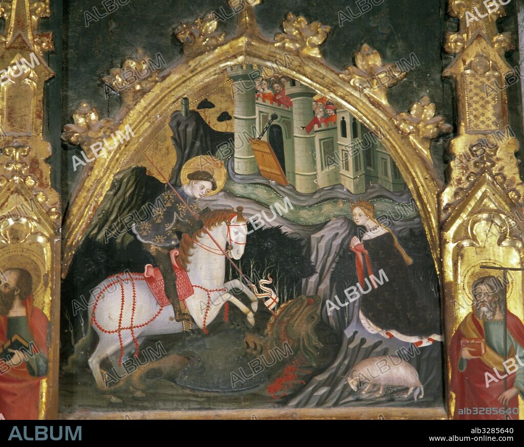BORRASSA, Lluis (Girona, h,1360-Barcelona,1426). Pintor catalán. RETABLO DE LA VERGE I SANT JORDI (280 x 235 cm). Pintura al temple de huevo sobre madera. Obra realizada en Barcelona hacia 1390-1400. Escena de SAN JORGE Y LA DONCELLA. Iglesia del Convento de Sant Francesc. Vilafranca del Penedès. Provincia de Barcelona. Cataluña.