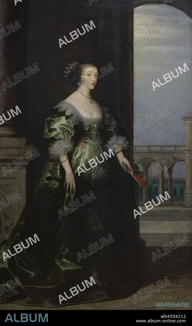 UNKNOWN ARTIST.. Enriqueta María de Francia (1609-1669). Reina consorte de Inglaterra, Escocia e Irlanda. Esposa del rey Carlos I de Inglaterra. Retrato por un autor desconocido. Fondo por Hendrik van Steenwyck el Joven (h. 1580-1649). Oleo sobre lienzo (215,9 x 135,2 cm), h. 1635. National Portrait Gallery. Londres. Inglaterra.