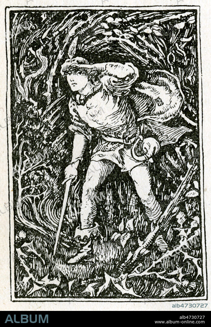 Le prince dans la foret de ronces entourant le chateau. gravure pour La Belle au Bois Dormant, conte de Charles PERRAULT. Andrew Lang The blue fairy book - Londres 1889. Credit JEAN VIGNE / KHARBINE TAPABOR.