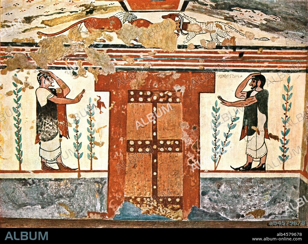 Wall in the Tomb of the Augurs (Tomba degli Auguri) at Tarquinia, Italy, (1928). Etruscan burial chamber, '1st Half of 6th Century B.C...Wailing men on each  side of the tomb door.' After a water-colour by L. Cartocci. Plate XX, fig 56, from "An Encyclopaedia of Colour Decoration from the Earliest Times to the Middle of the XIXth Century" with explanatory text by Helmuth Bossert. [Ernst Wasmuth Ltd., Berlin, 1928].