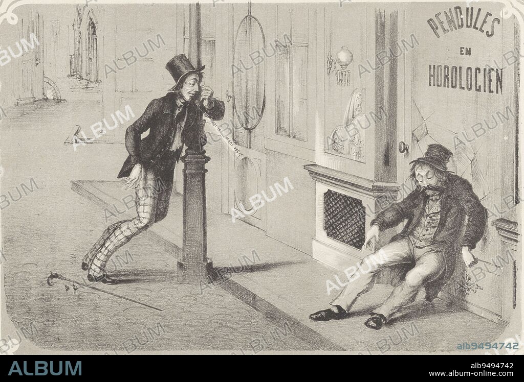 Two drunken men in the street, Gustaaf Leonardus Adolf Amand, 1867 - 1894, Representation of the proverb: the pot blames the kettle for being black. On the street, a drunken man has fallen against the façade of a store. Another drunken man leans against a lamppost and says, 'Well ... that Lord is ... pretty fat'. His walking stick is on the ground., print maker: Gustaaf Leonardus Adolf Amand, (mentioned on object), printer: Amand, (mentioned on object), Amsterdam, 1867 - 1894, paper, h 260 mm × w 352 mm.