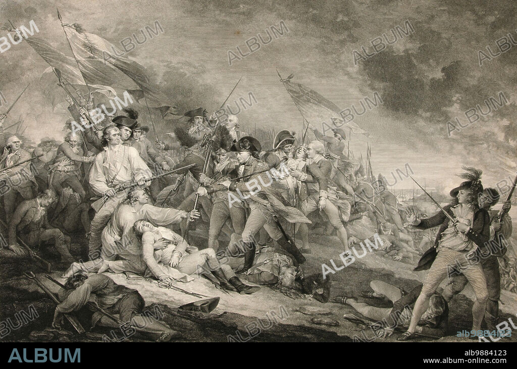 The Death of General Warren at Bunker Hill, a battle in the American War of Independence. It took place on 17 June 1775 during the siege of Boston, Historic, digitally restored reproduction from an original of the time.