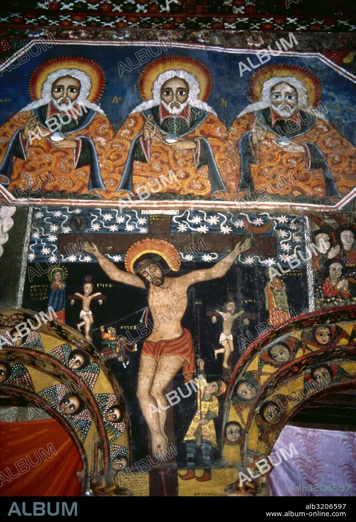Ethiopia. Gondar. Debre Birhan Selassie Church (Trinity and Mountain of Light). Built under the Emperor Eyasu II, 17th century. Crucified Christ and the Holy Trinity. Fresco. Entrance to the Holy of Holies. Unesco World Heritage Site.