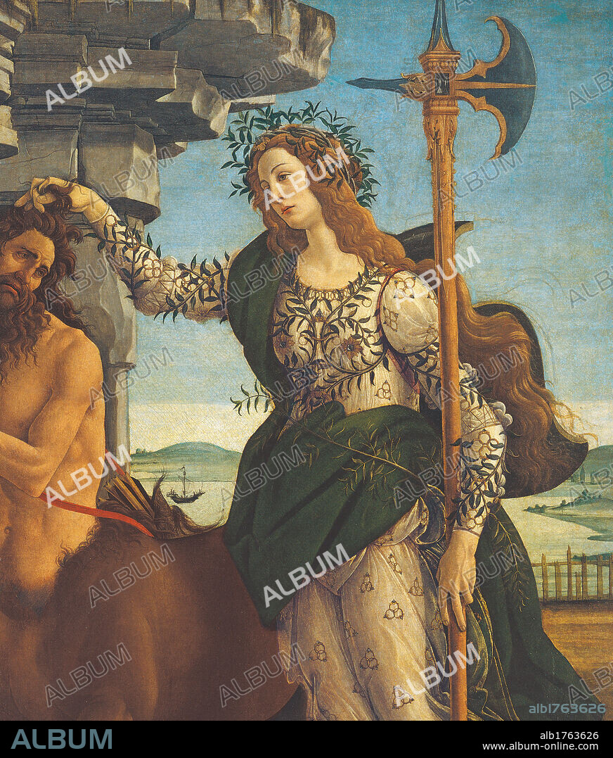 Pallas and the Centaur (Minerva and the Centaur), by Sandro Filipepi Known as Botticelli, 1482-1483 about, 15th Century, tempera on canvas, cm 205 x 147,5. Italy, Tuscany, Florence, Uffizi Gallery. Detail. Close up of a woman, armed with a halberd, wearing a green cloak, crown of entwined branches and clothes adorned with diamond ring motifs, seizes a lock of hair of the Centaur, armed with bow and arrows. The scene is set in a meadow surrounded by a fence with a rock formation projecting like a cornice. In the background is a large pool of water, a ship and hills. Authorization required for non editorial use.