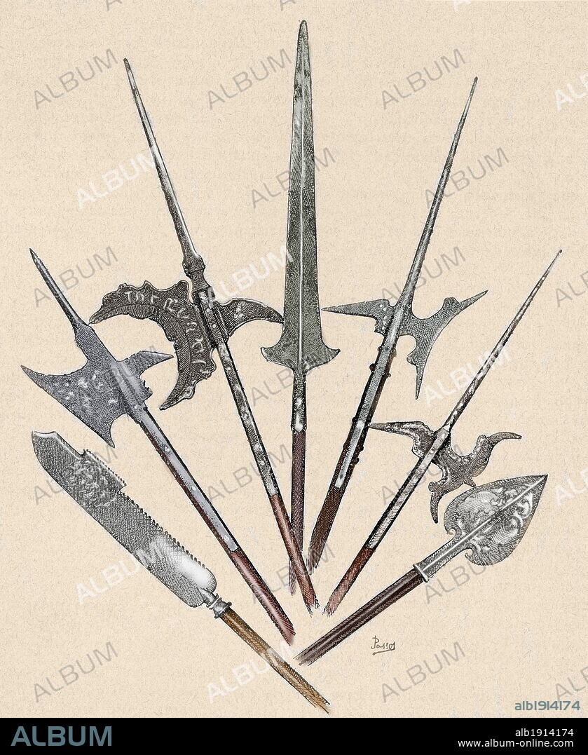 HISTORIA DE LAS ARMAS. ALABARDA SUIZA del siglo XVII, ALABARDA SUIZA del siglo XV, ALABARDA ALEMANA del siglo XVI, PARTESANA FRANCESA del siglo XVI, ALABARDAS VENECIANAS del siglo XVI y MOHARRA del siglo XVI. Grabado coloreado.