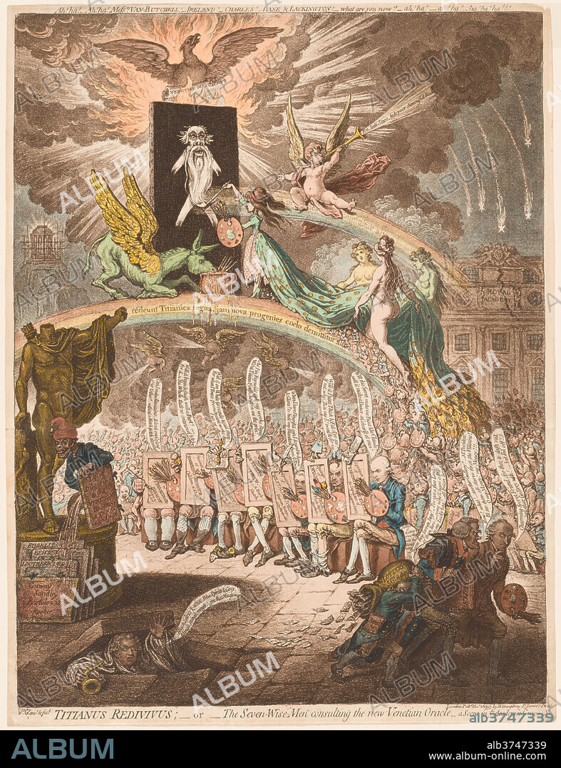 JAMES GILLRAY. Titianus Redivivus. Dated: 1797. Dimensions: image: 53 × 40.2 cm (20 7/8 × 15 13/16 in.)  sheet: 54.8 × 42 cm (21 9/16 × 16 9/16 in.). Medium: etching and engraving with publisher's hand-coloring, on laid paper.