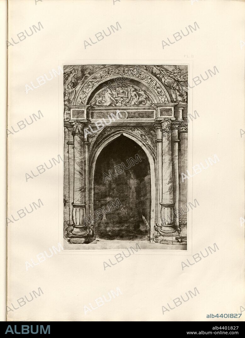 Portal in the style of the Renaissance, Church portal with pointed arch, Pl. II, after S. XLIII, Holbein, Hans (dess.); Boussod, Valadon & Cie (ed.), Eduard His: Dessins d'ornements de Hans Holbein: fac-simile en photogravure. Paris: Boussod, Valadon & Cie, Editeurs, 1886.
