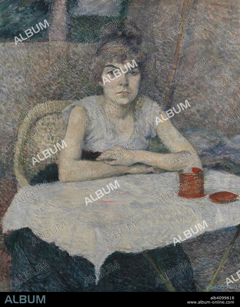 HENRI TOULOUSE-LAUTREC. Young Woman at a Table, 'Poudre de riz'. Date: 1887. Dimensions: 56 cm x 46 cm, 75.5 cm x 66.5 cm.