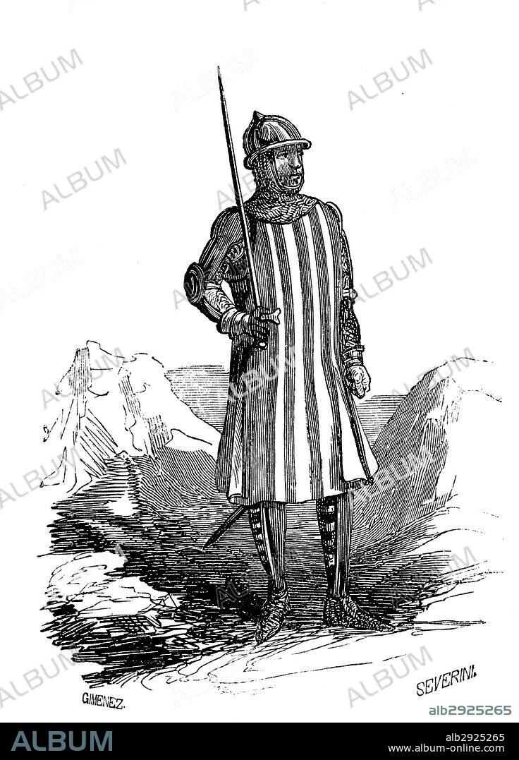 Catalunya. Soldado de infanteria de la Corona de Aragón en el siglo XIV. Grabado de 1925.