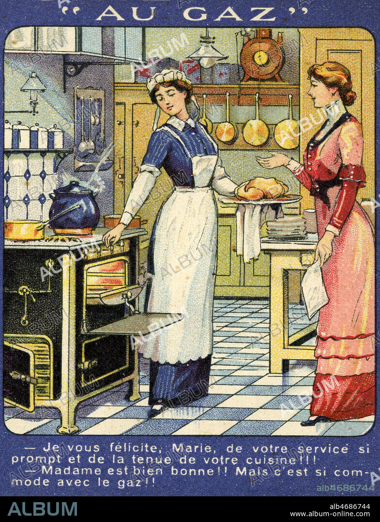 Maitresse felicitant sa bonne : "Je vous felicite Marie de votre service..." Carte postale publicitaire vers 1910 pour une cuisiniere au gaz. Illustration pour depliant publicitaire, voir l'autre partie kh 175143. Credit : Collection IM/KHARBINE-TAPABOR.