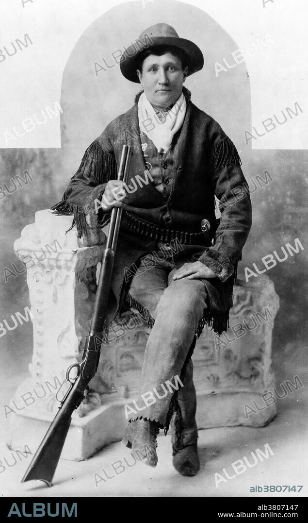 Calamity Jane with rifle as General Crook's scout, photographed by H.R. Locke, 1895. Martha Jane Canary (May 1, 1852 - August 1, 1903), better known as Calamity Jane, was an American frontierswoman and professional scout. She received little to no formal education and was illiterate. She worked as a dishwasher, a cook, a waitress, a dance-hall girl, a nurse, and an ox team driver. In 1874, she found work as a scout at Fort Russell. In 1876, she settled in the area of Deadwood and became friendly with Wild Bill Hickok and Charlie Utter. After Hickok's death she continued living in the Deadwood and in late 1876 or 1878, she nursed the victims of a smallpox epidemic. In 1881, she bought a ranch in Montana, along the Yellowstone River, where she kept an inn. In 1893, she started to appear in Buffalo Bill's Wild West as a storyteller. She also participated in the 1901 Pan-American Exposition. She returned to the Black Hills in the early spring of 1903. It was reported that she had been drinking heavily on board the train and became very sick to her stomach. She died soon afterward from inflammation of the bowels and pneumonia. She was buried at Mount Moriah Cemetery, South Dakota, next to Wild Bill Hickok.