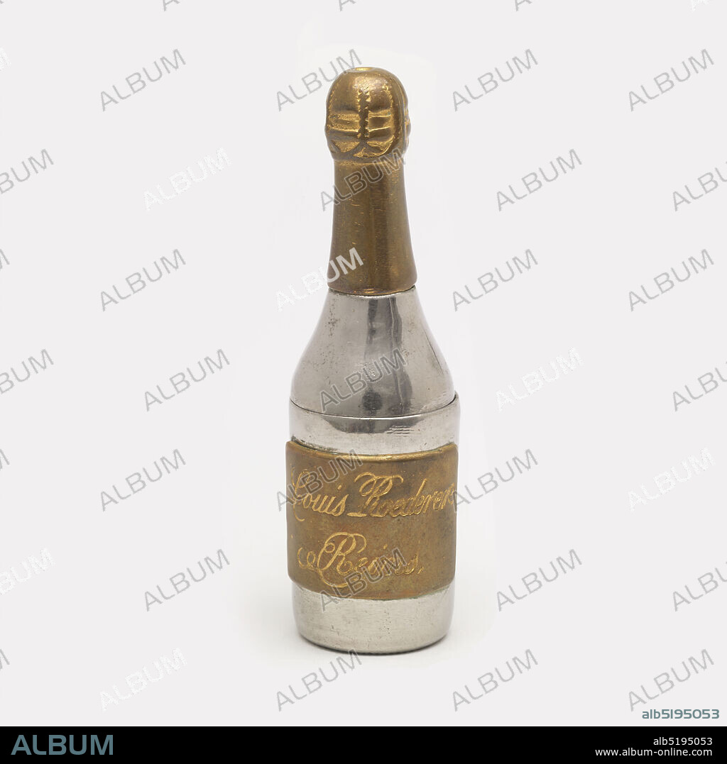 Louis Roederere Champagne, Plated metal, In the form of a champagne bottle, the body silver color, the wrapped cork and neck brass , the label brass: inscribed 'Louis Roederere, Reims'. Base of bottle neck (lid) hinged at back. Striker on bottle bottom., ca. 1890, containers, Decorative Arts, Matchsafe, Matchsafe.