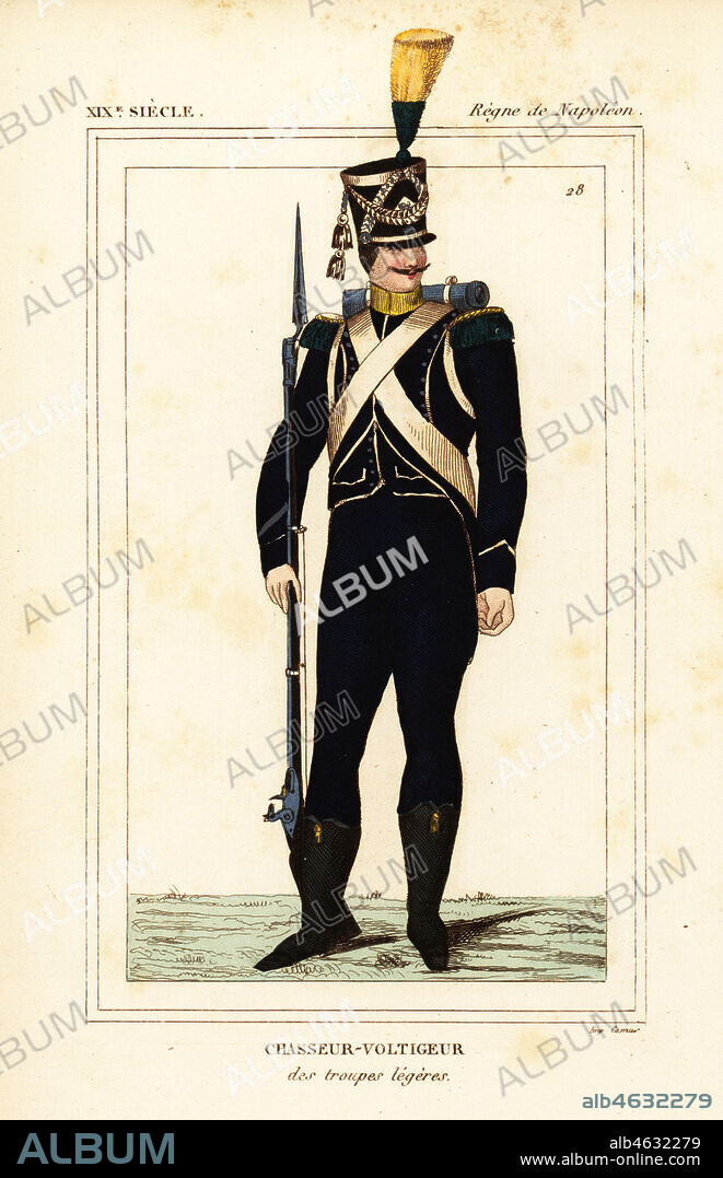 French light infantry uniform of a Chasseur-Voltigeur des troupes legeres, Napoleonic era. Handcoloured lithograph by Leopold Massard from Le Bibliophile Jacob aka Paul Lacroix's Costumes Historiques de la France (Historical Costumes of France), Administration de Librairie, Paris, 1852.