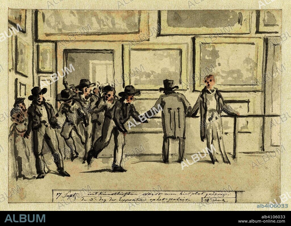 Visitors at the Art Exhibition in Amsterdam in 1808. Draughtsman: Christiaan Andriessen. Dating: 1808. Place: Amsterdam. Measurements: h 126 mm × w 179 mm.