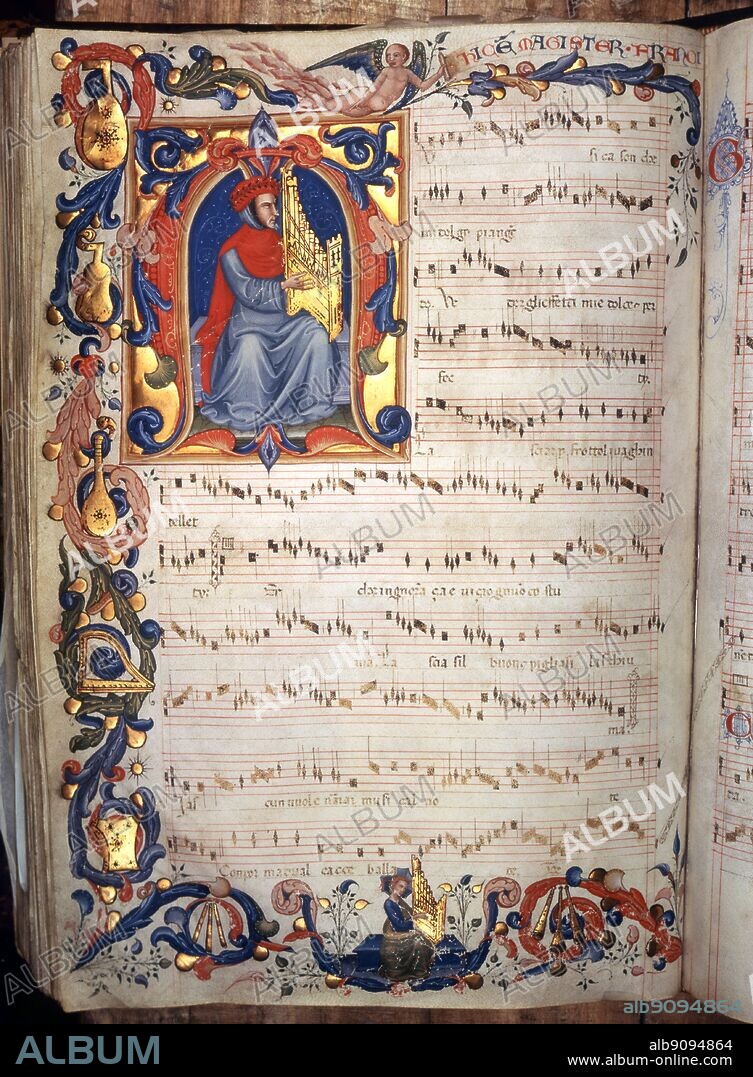 Manuscript page from the codex Squarcialupi. illuminated manuscript compiled in Florence, Italy in the early 15th century.
