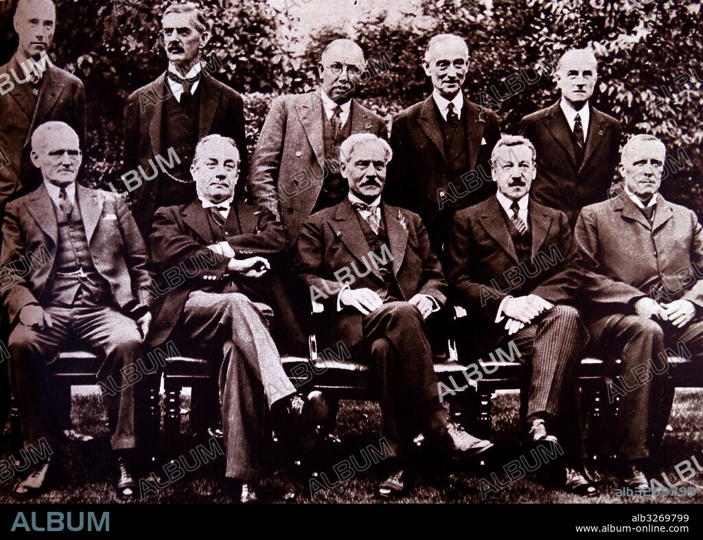 Ramsay MacDonald's national Government in Britain 1931. From left to right seated: Phillip Snowden, Stanley Baldwin, Ramsay MacDonald, Lord Herbert Samuel, John Sankey; Standing left to right: P. Cuncliffe-Lister, Neville Chamberlain, Thomas Reading, Samuel Hoare.